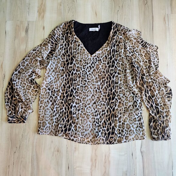 Calvin Klein Women's Leopard Print Ruffle Sleeve Blouse Size L - Picture 6 of 14
